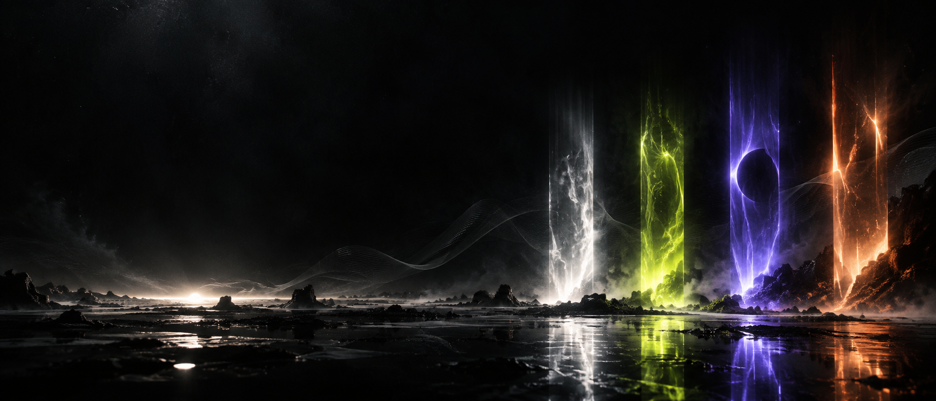 Luminous portals rising from a dark reflective landscape